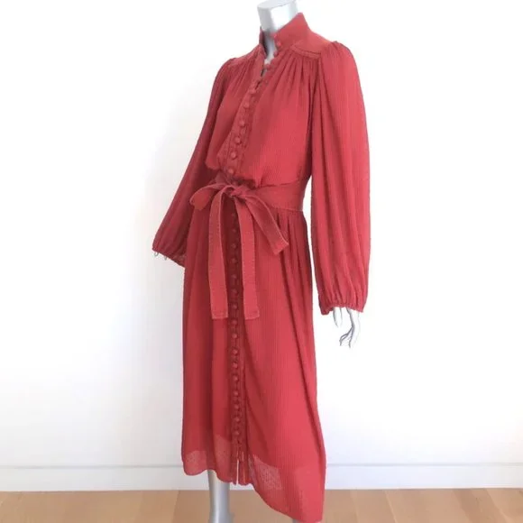 ZIMMERMANN MIDI DRESS ESPIONAGE BRICK PLISSE SWISS DOT SIZE 0 LONG SLEEVE - Picture 5 of 11